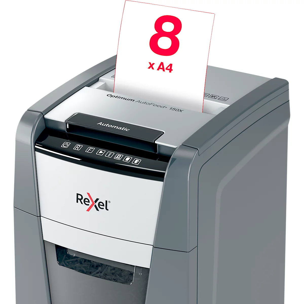 Destructeur de documents Rexel Optimum AutoFeed+ 150X P4, entièrement automatique, coupe croisée 4 x 28 mm, 44 l, capacité de coupe 150 feuilles, noir