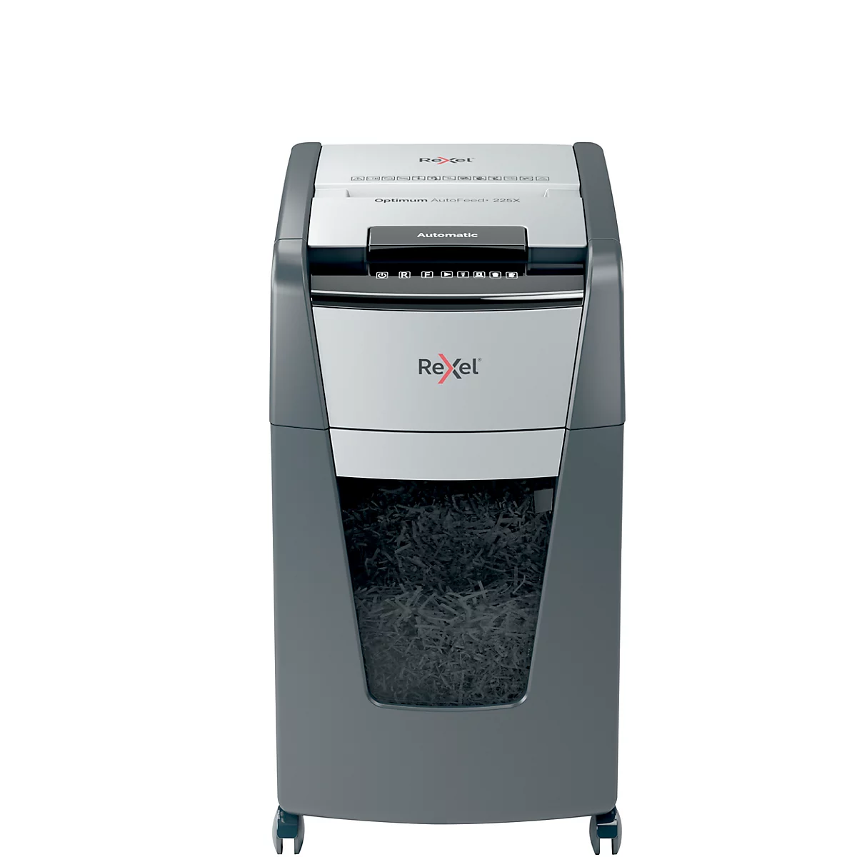 Destructeur de documents Rexel Optimum AutoFeed+ 225X P4, entièrement automatique, coupe croisée 4 x 25 mm, 60 l, capacité de coupe 225 feuilles, avec roulettes, noir
