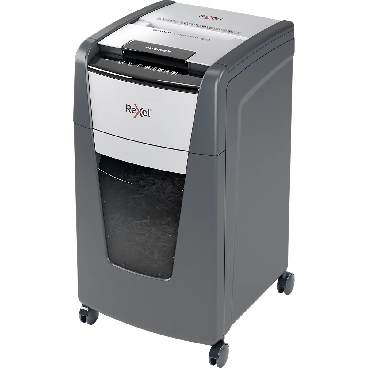 Destructeur de documents Rexel Optimum AutoFeed+ 225X P4, entièrement automatique, coupe croisée 4 x 25 mm, 60 l, capacité de coupe 225 feuilles, avec roulettes, noir