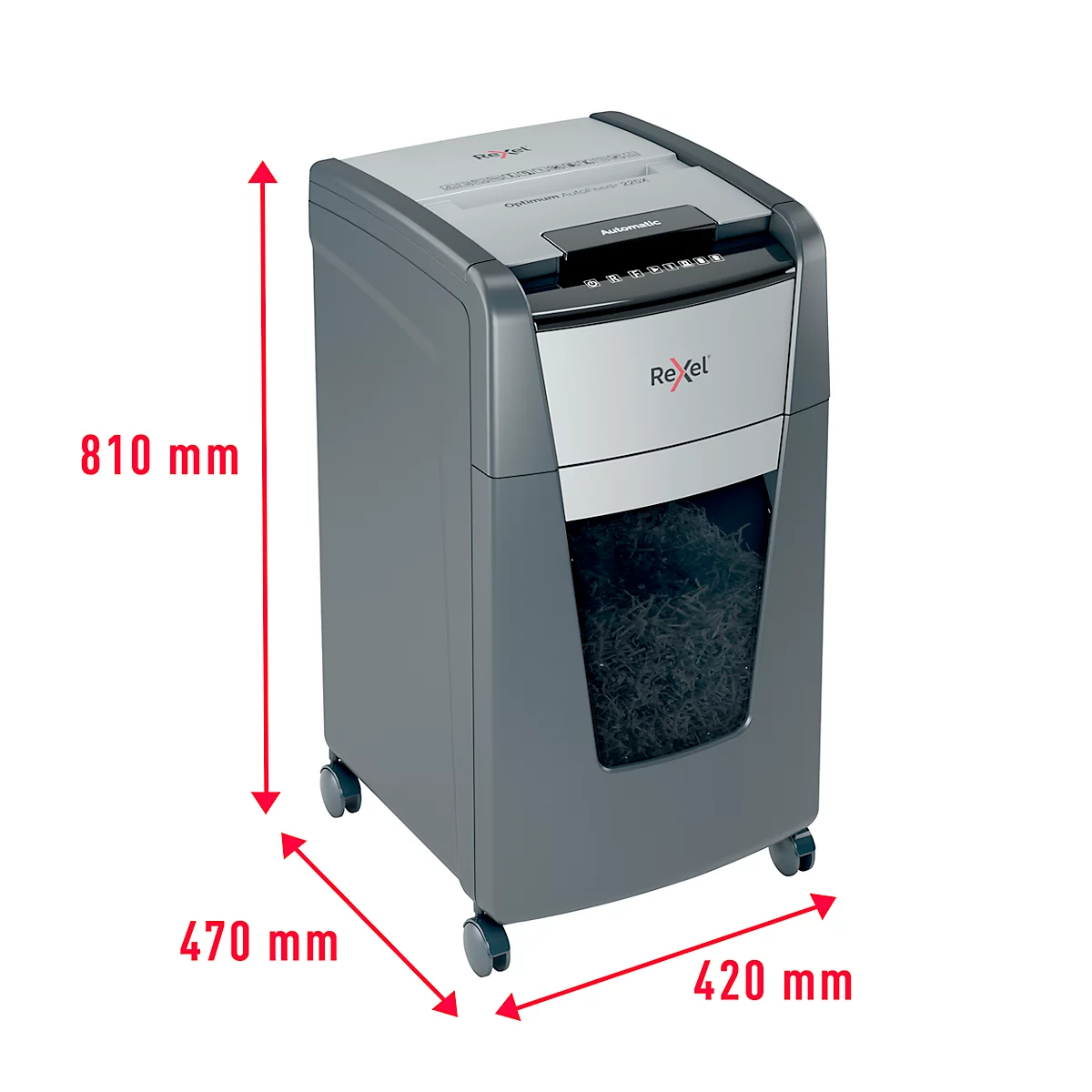 Destructeur de documents Rexel Optimum AutoFeed+ 225X P4, entièrement automatique, coupe croisée 4 x 25 mm, 60 l, capacité de coupe 225 feuilles, avec roulettes, noir