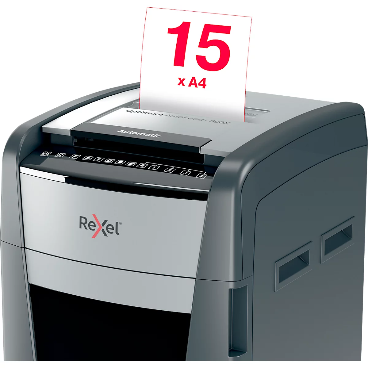 Destructeur de documents Rexel Optimum AutoFeed+ 600X P4, entièrement automatique, coupe croisée 4 x 36 mm, 110 l, capacité de coupe 600 feuilles, avec rouleaux, noir