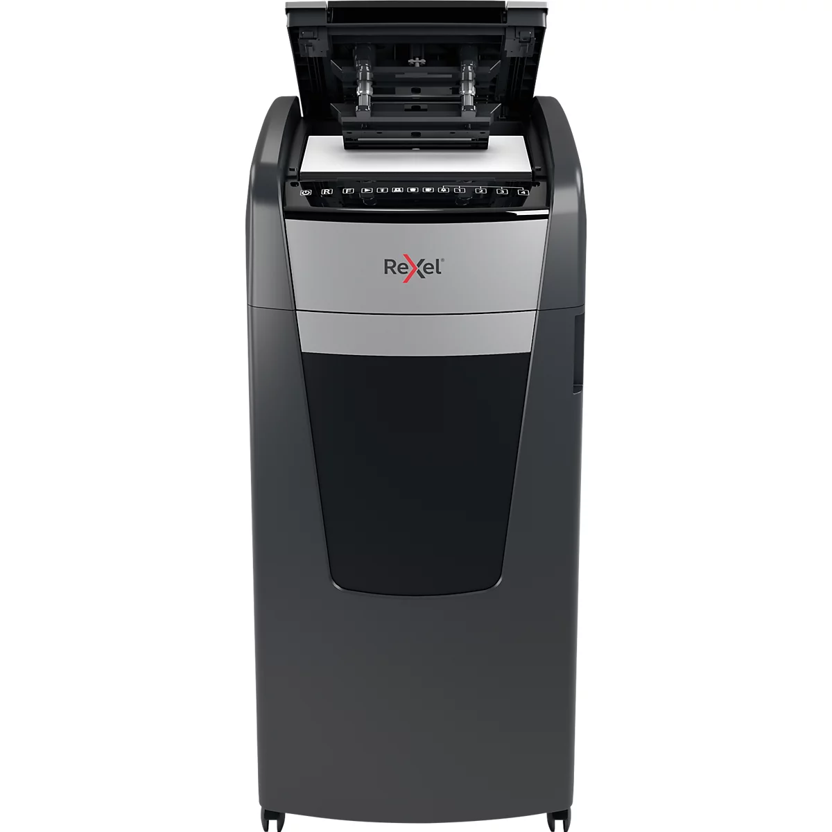 Destructeur de documents Rexel Optimum AutoFeed+ 750M P5, entièrement automatique, coupe micro 2 x 15 mm, 140 l, capacité de coupe 750 feuilles, avec rouleaux, noir