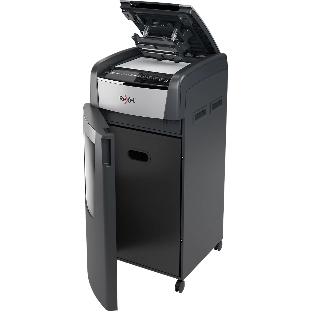 Destructeur de documents Rexel Optimum AutoFeed+ 750M P5, entièrement automatique, coupe micro 2 x 15 mm, 140 l, capacité de coupe 750 feuilles, avec rouleaux, noir