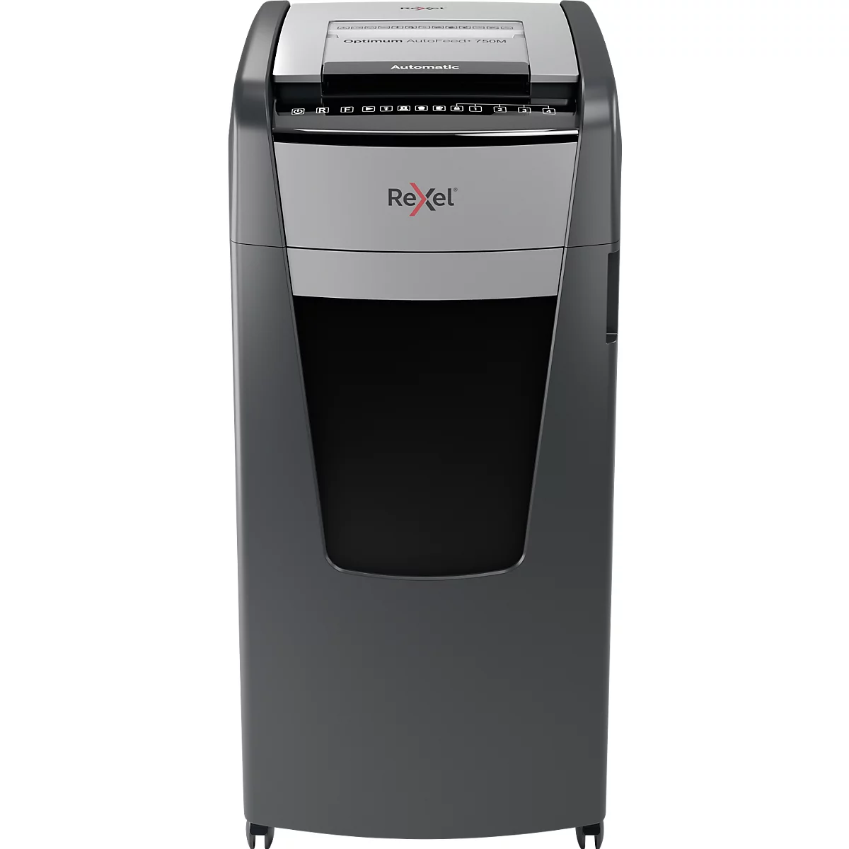 Destructeur de documents Rexel Optimum AutoFeed+ 750M P5, entièrement automatique, coupe micro 2 x 15 mm, 140 l, capacité de coupe 750 feuilles, avec rouleaux, noir