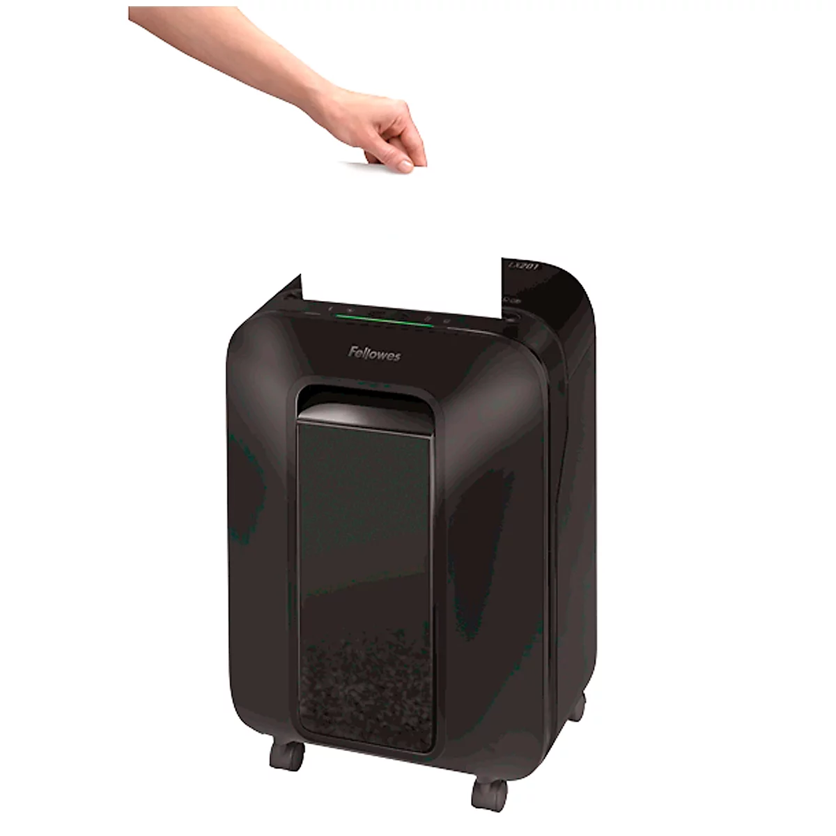Une main insère une feuille de papier dans une déchiqueteuse noire. Le logo Fellowes est visible en dessous.
