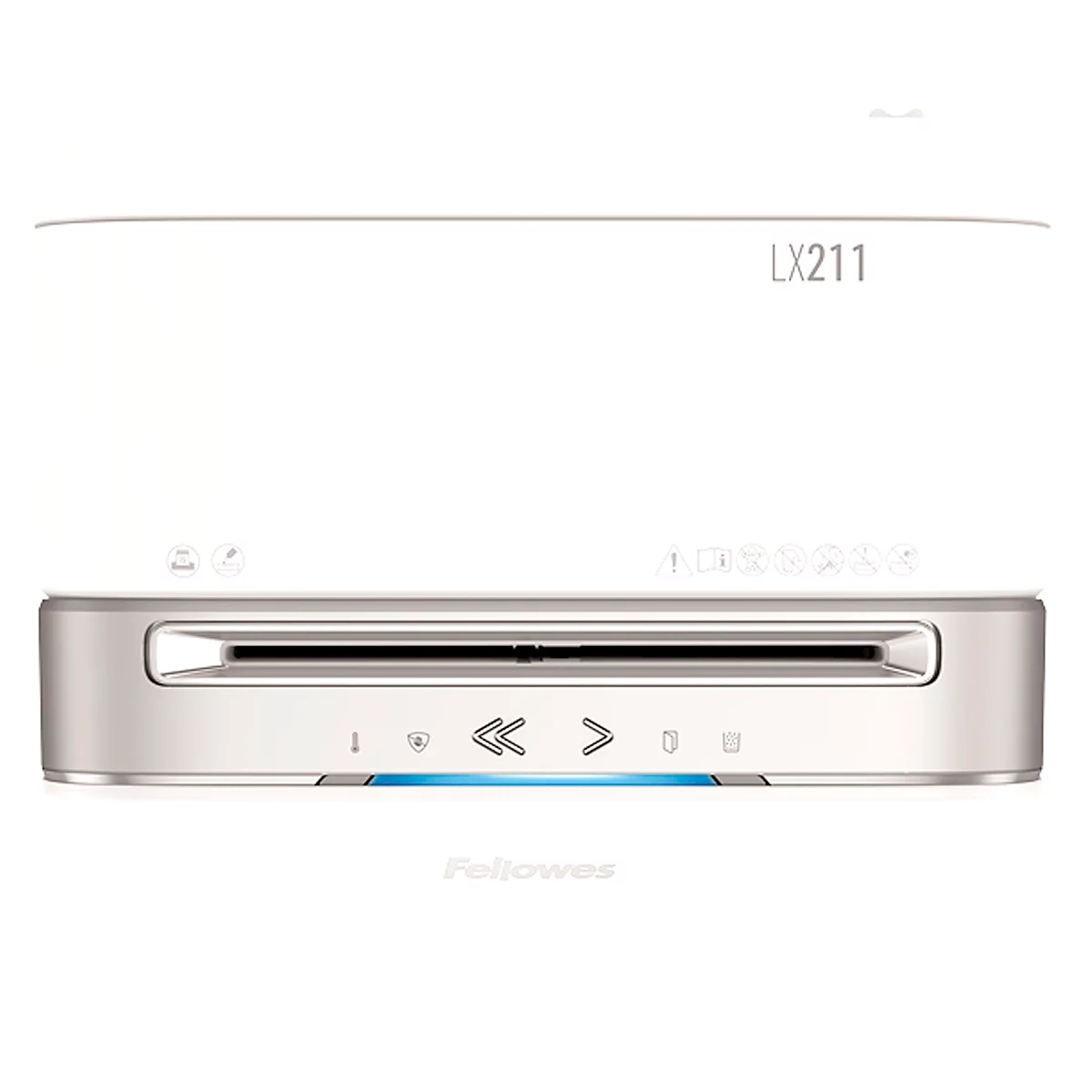 Destructeur Fellowes® Microshred LX 211, coupe micro-particules 2 x 12 mm, P-5, 23 l, capacité de coupe 15 feuilles, avec rouleaux, blanc