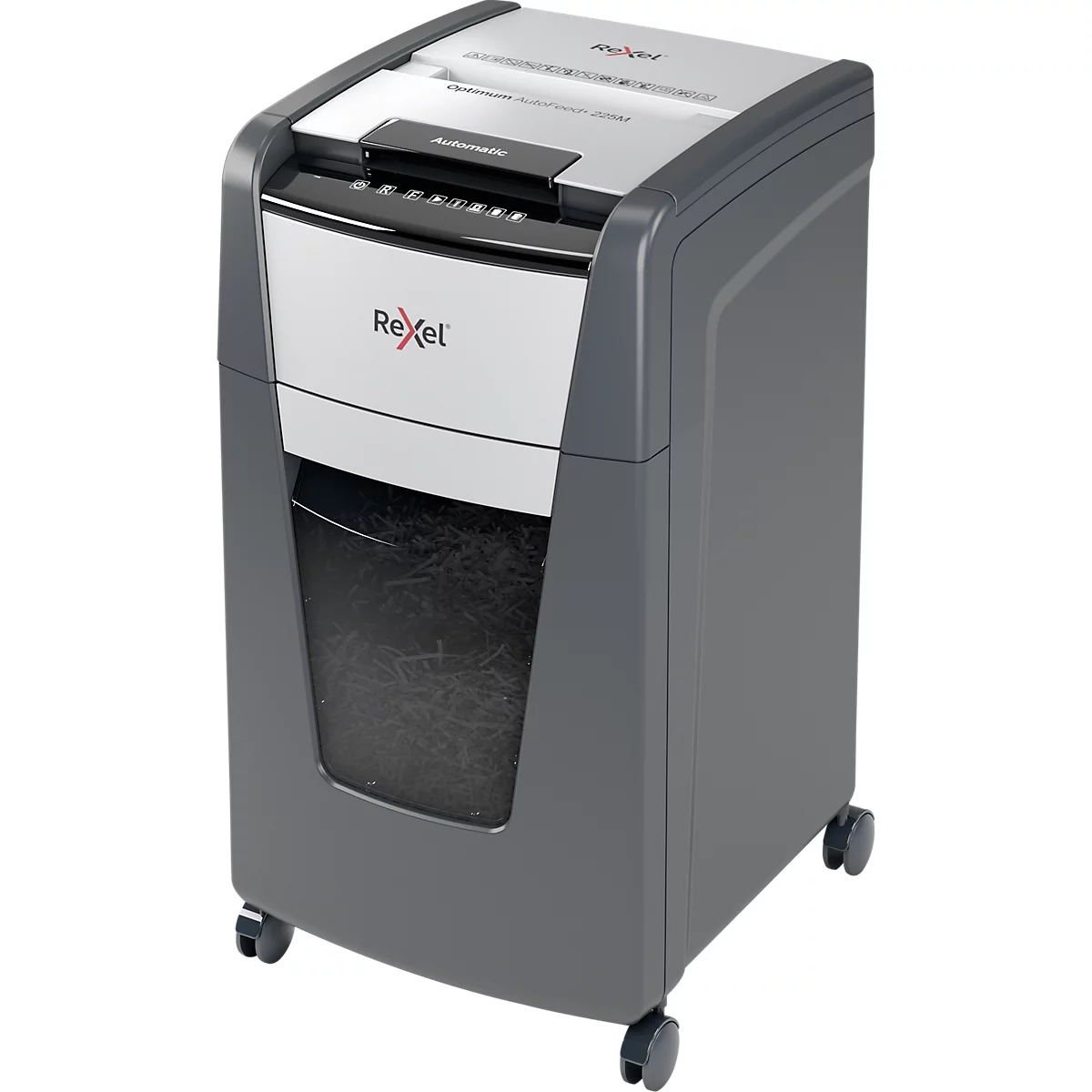 Destructeur Rexel Optimum AutoFeed+ 225M P5, entièrement automatique, coupe micro 2 x 15 mm, 60 l, capacité de coupe 225 feuilles, avec rouleaux, noir