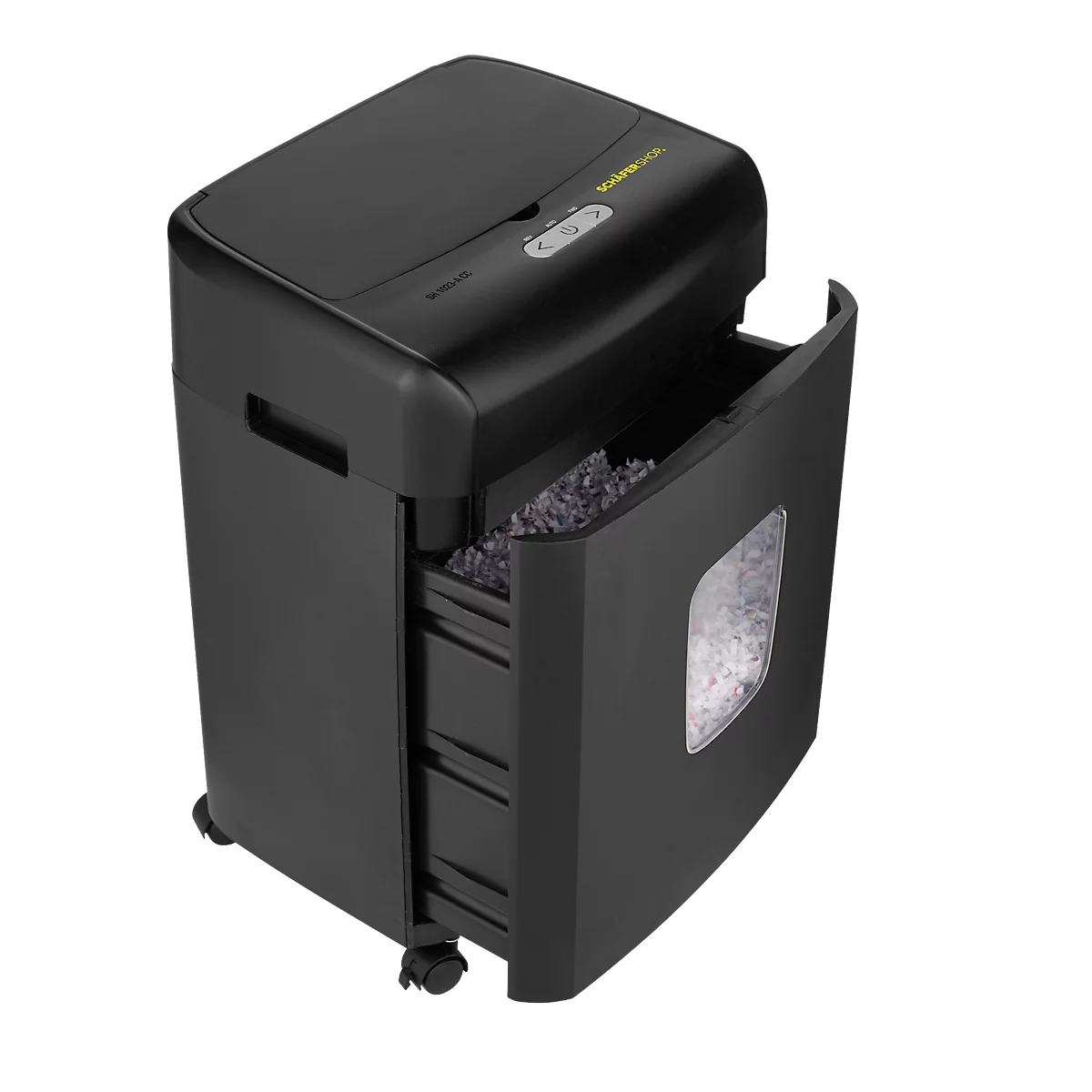 Destructora de documentos Schäfer Shop Select SH1023-A CC, totalmente automática, corte de partículas 4 x 12 mm, P-4, 23 l, capacidad de corte 10-120 hojas, con ruedas giratorias, negra