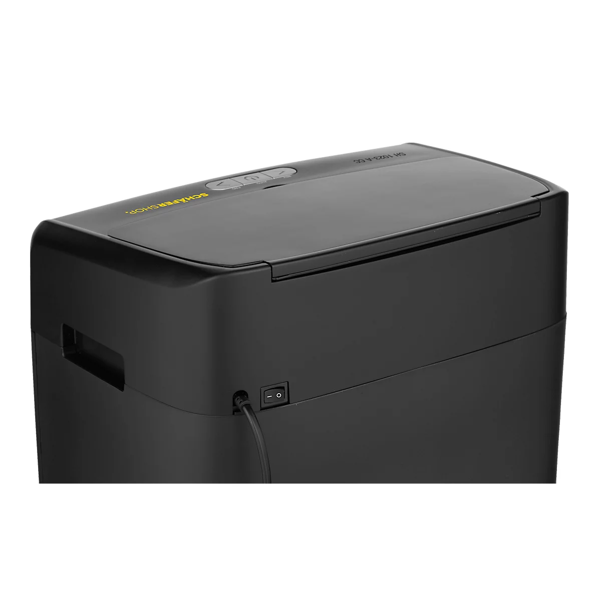 Destructora de documentos Schäfer Shop Select SH1023-A CC, totalmente automática, corte de partículas 4 x 12 mm, P-4, 23 l, capacidad de corte 10-120 hojas, con ruedas giratorias, negra