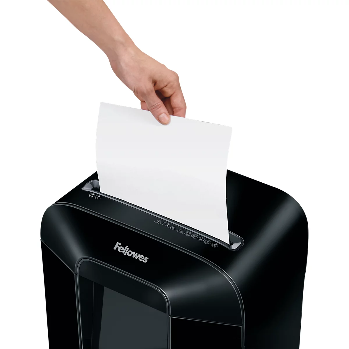 Destructora Fellowes® Powershred LX 85, corte de partículas 4 x 40 mm, P-4, 19 l, capacidad de corte de 12 hojas, con rodillos, negra