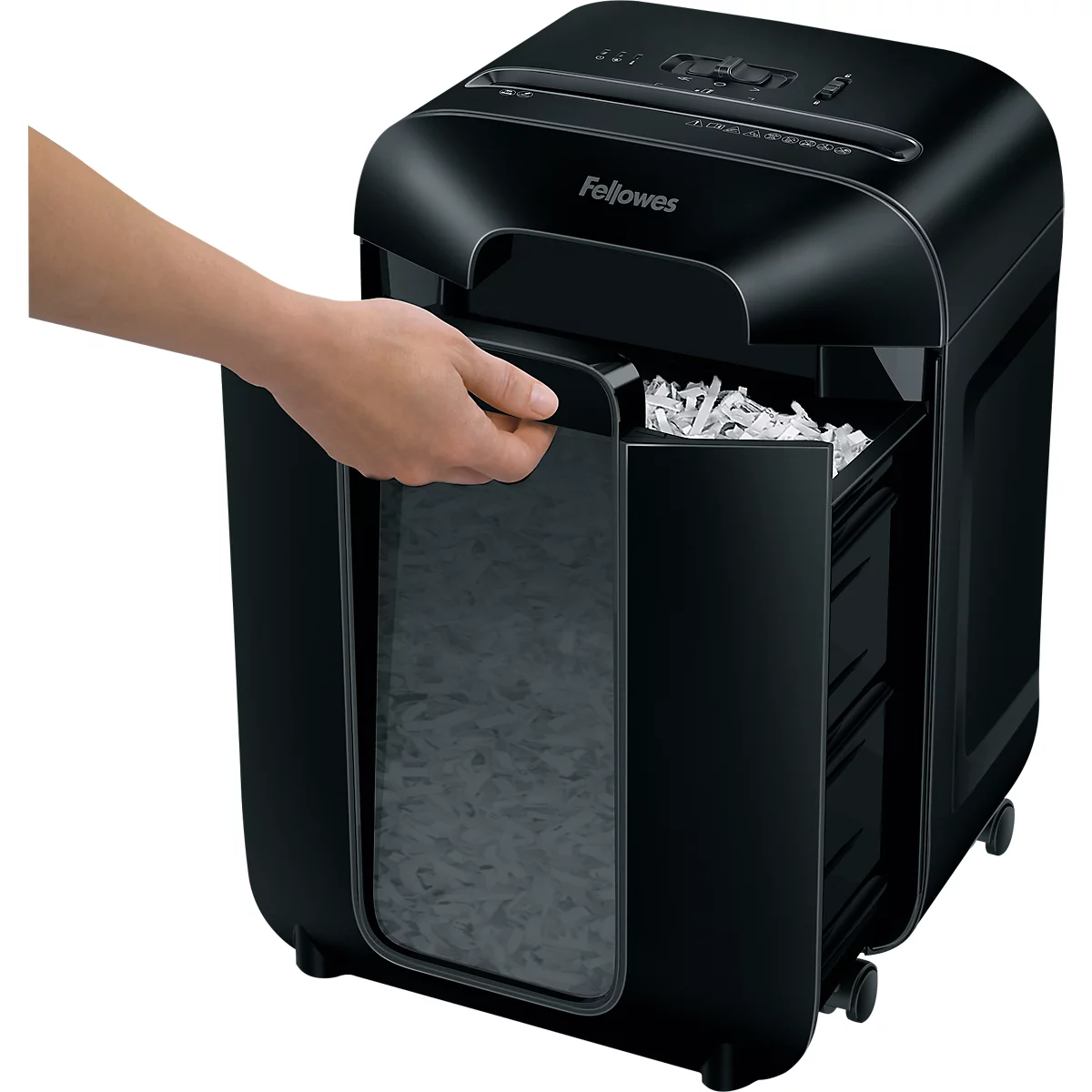 Destructora Fellowes® Powershred LX 85, corte de partículas 4 x 40 mm, P-4, 19 l, capacidad de corte de 12 hojas, con rodillos, negra