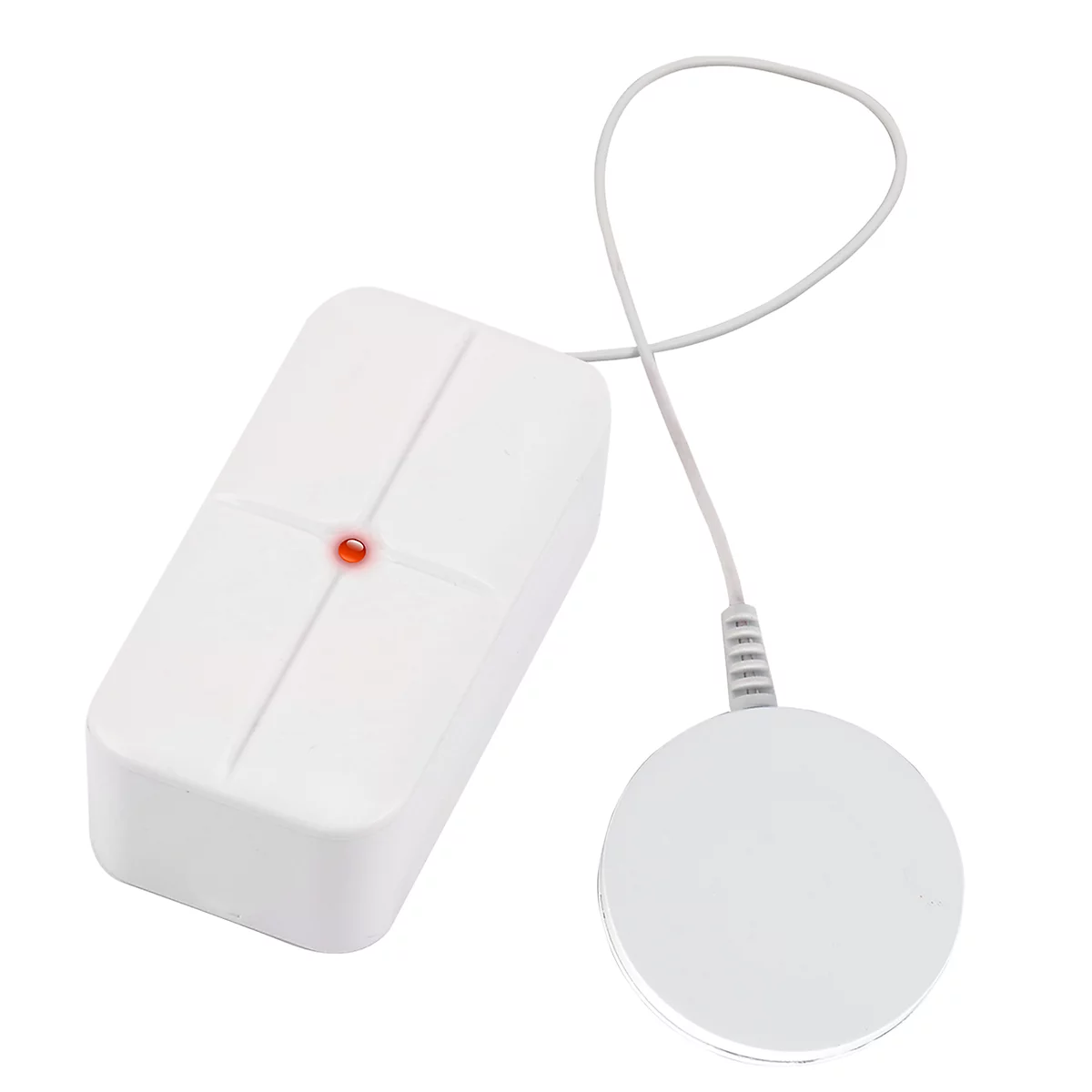 Appareil rectangulaire blanc avec une fixation ronde, relié par un câble. Une lumière rouge est allumée.