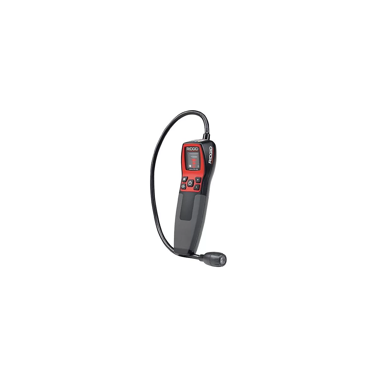 Détecteur de gaz RIDGID noir et rouge avec sonde col de cygne.