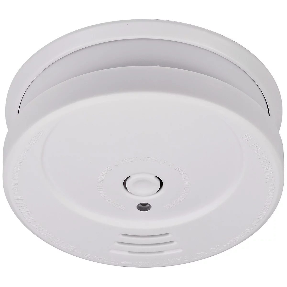 Détecteur de fumée rond, blanc, avec un bouton central et plusieurs petites fentes d'aération.