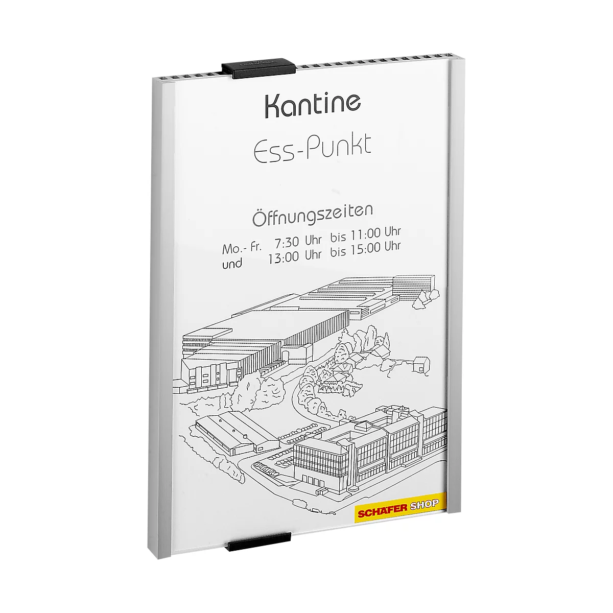 Bord met kantine Ess-Punkt. Openingstijden en schets van een site.