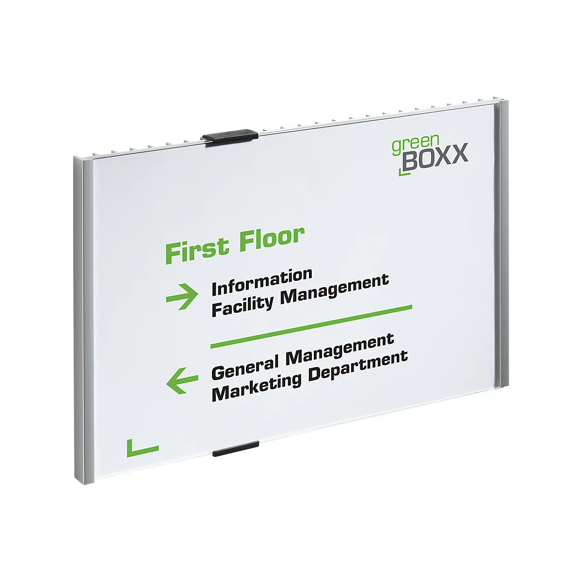 Wit bord met groene en zwarte teksten. Eerste verdieping, informatie, facility management, algemeen management, marketingafdeling. Logo Green Boxx.