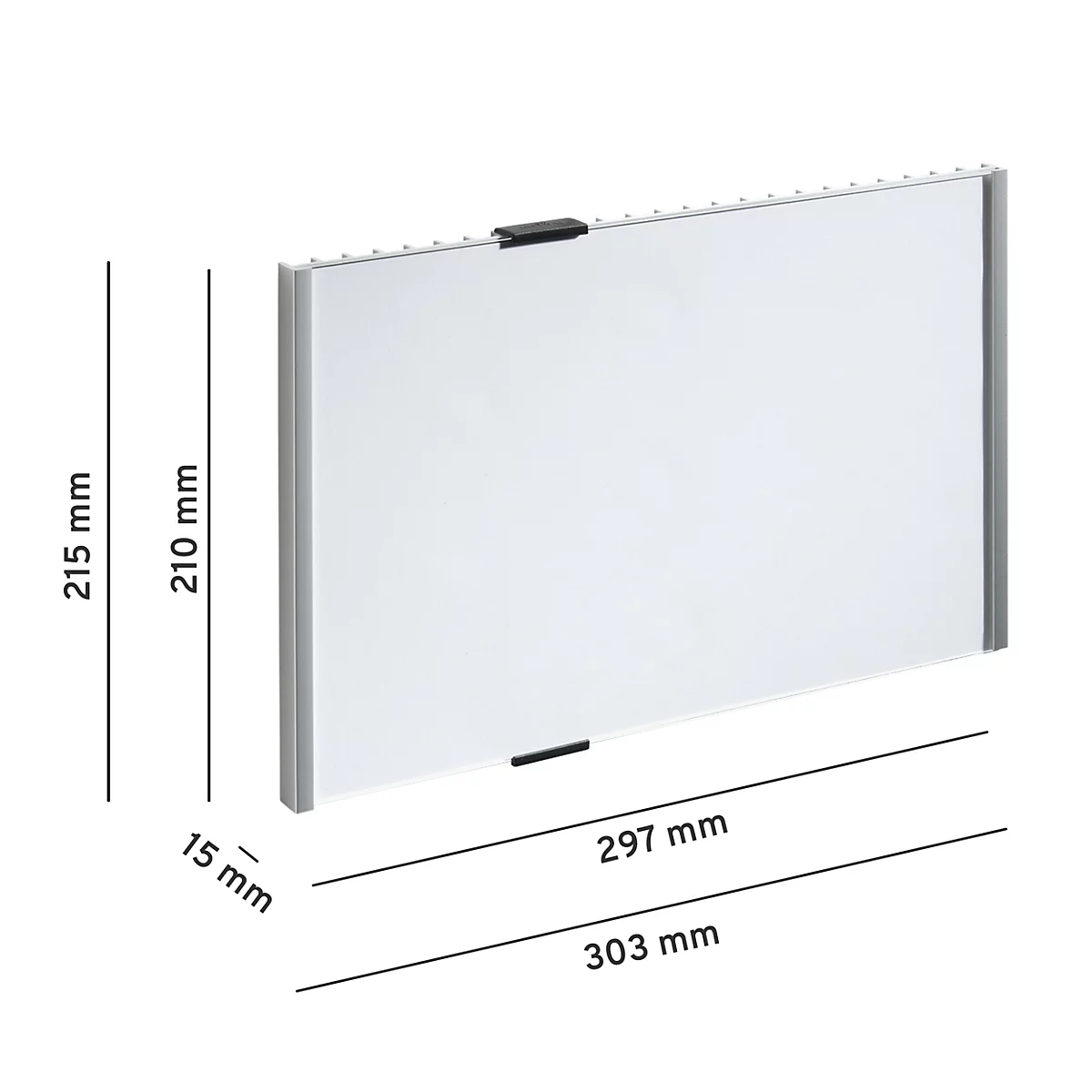 Wit rechthoekig product, grijs frame, zwarte beugels. Afmetingen: 297/303 mm x 210/215 mm x 15 mm.