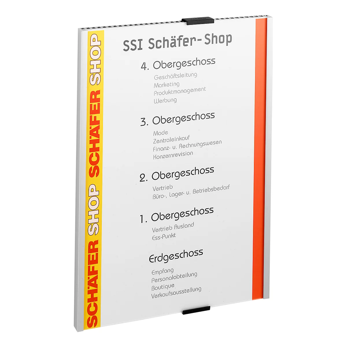 Bord met SSI Schäfer-Shop logo. Inhoud: verdiepingen met afdelingen en contactpersonen.
