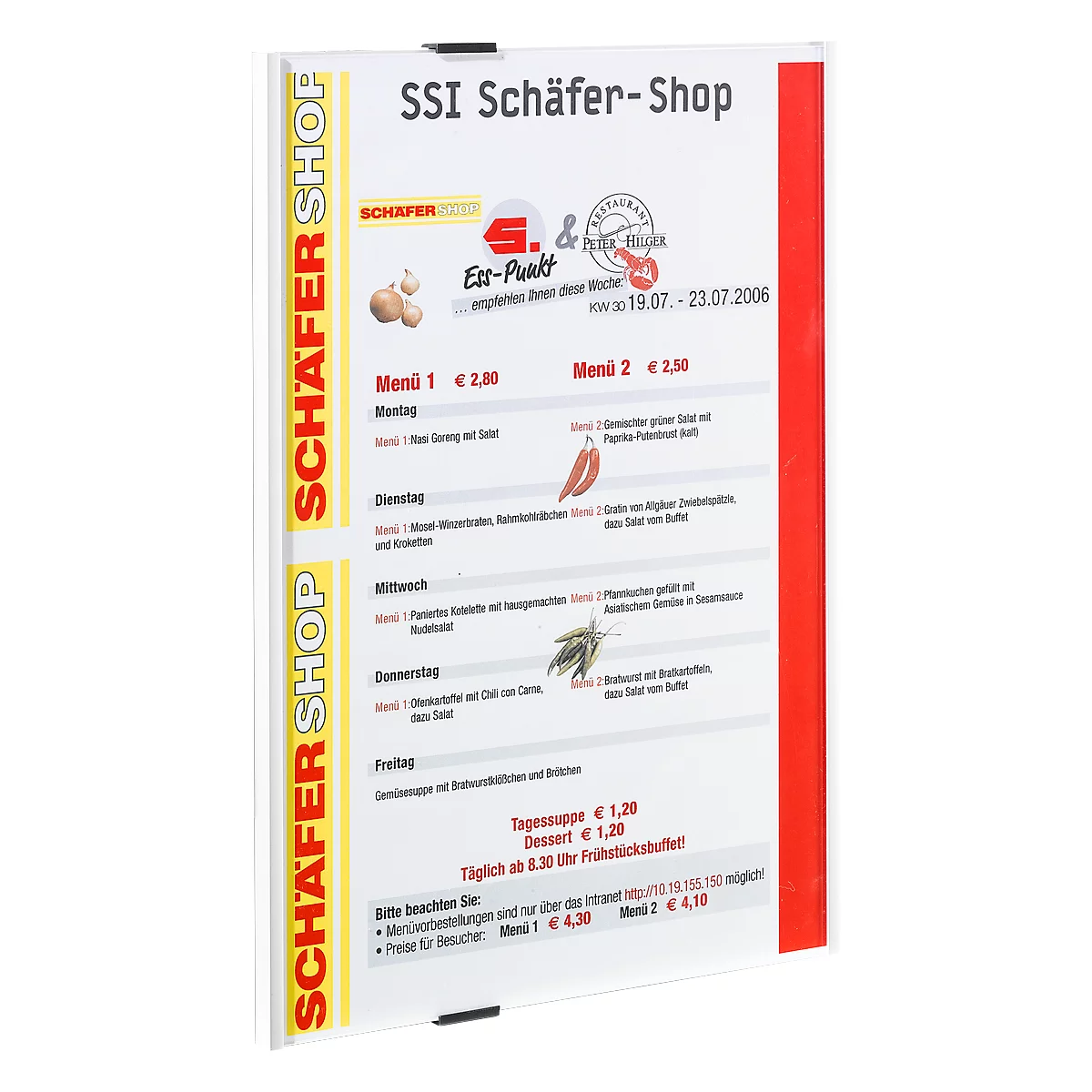 Menukaart met weekmenu van SSI Schäfer-Shop. Rood-witte rand, menu's met prijzen en datum.