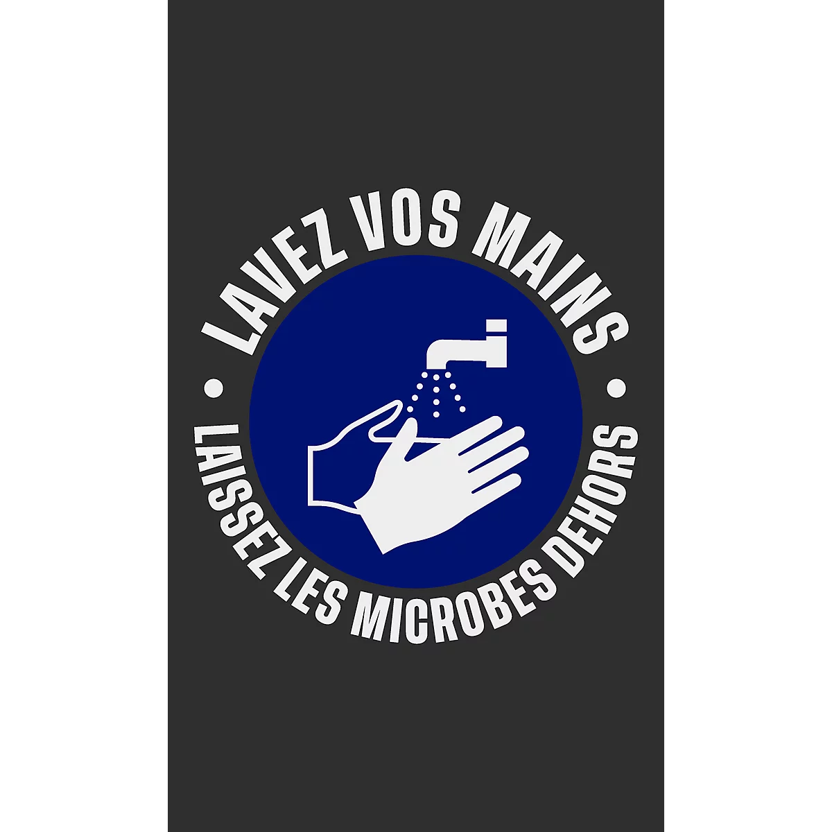 Deurmat "handen wassen", polyamide/vinyl, L 1500 mm x B 900 mm, zwart/wit/blauw, Franse belettering