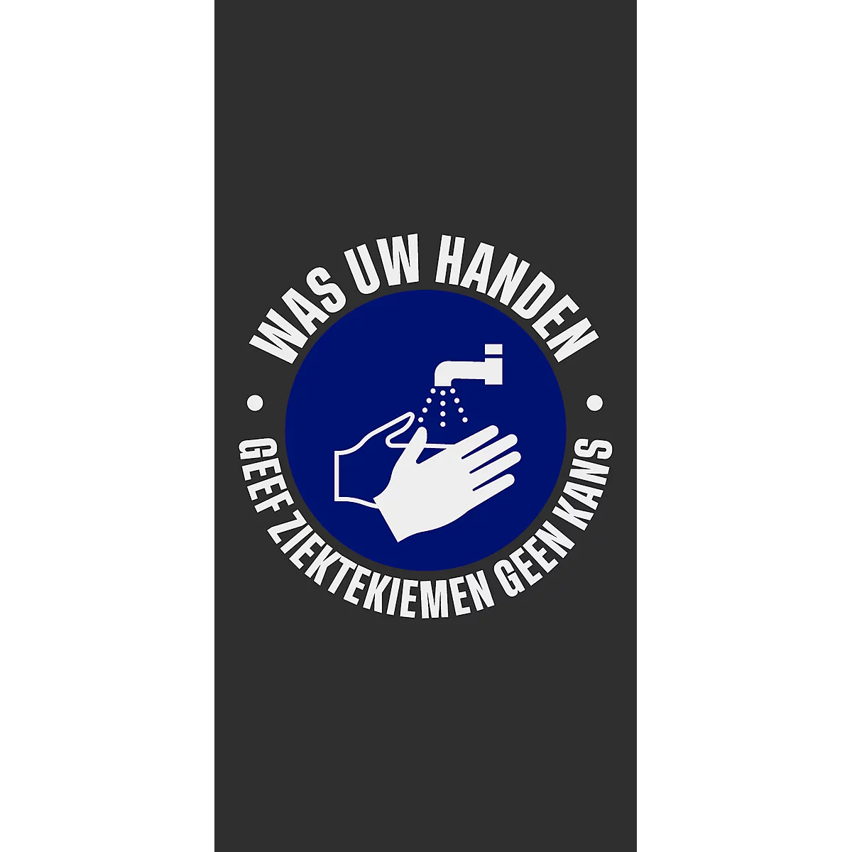 Deurmat 'handen wassen', polyamide/vinyl, L 1500 mm x B 900 mm, zwart/wit/blauw, Nederlandse markering
