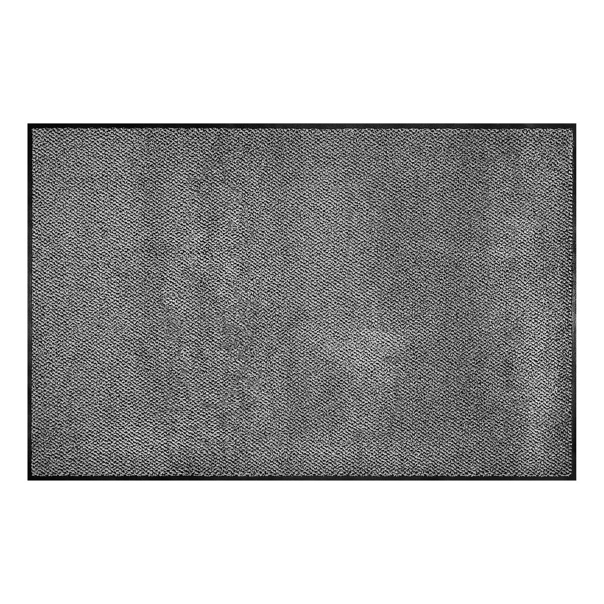 Grijze vloerkleed met geweven textuur en zwarte lijst.