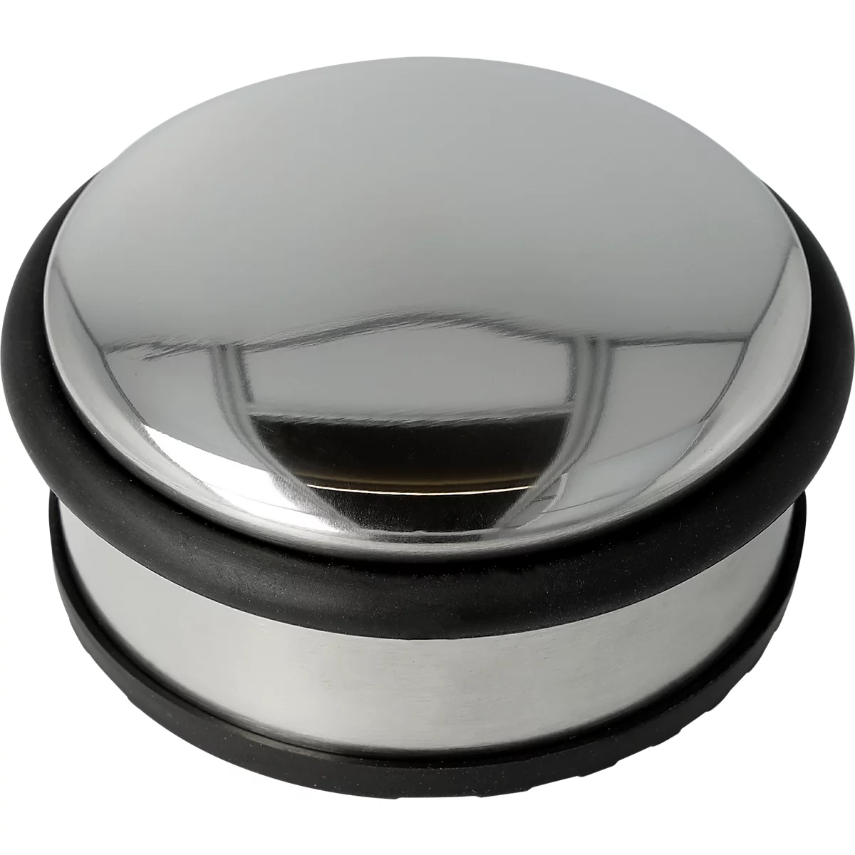 Chromen deurstopper, cirkelvormig met zwart rubber. Het gladde oppervlak reflecteert licht.