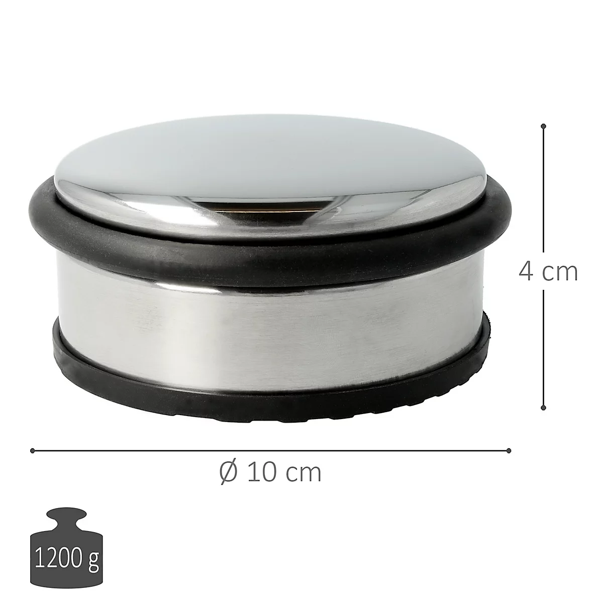 Ronde metalen deurstopper, met rubberen afdichting en glanzende bovenkant, met informatie over diameter (10cm), hoogte (4cm) en gewicht (1200g).