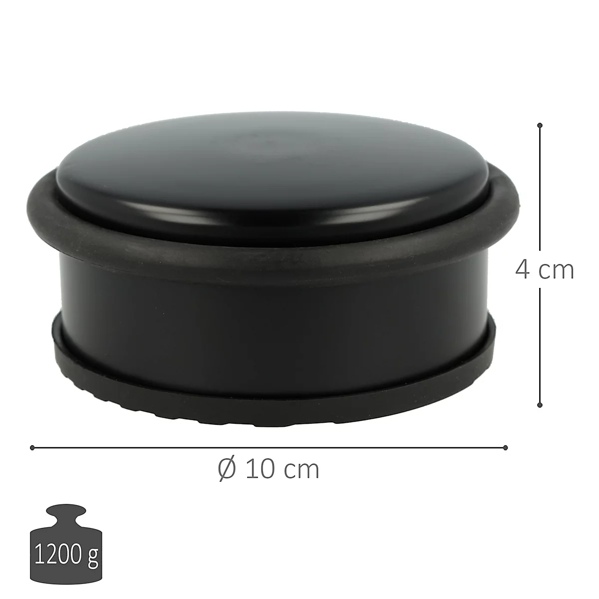 Zwarte deurstopper met zwarte rubberen ring. Diameter 10cm, hoogte 4cm. Gewicht 1200g.