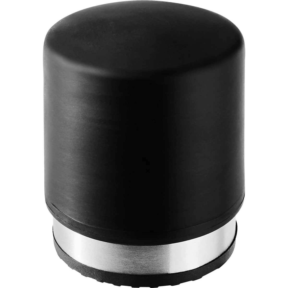 Zwart, cilindrisch object, glanzende bovenkant, zilveren ring aan de basis.