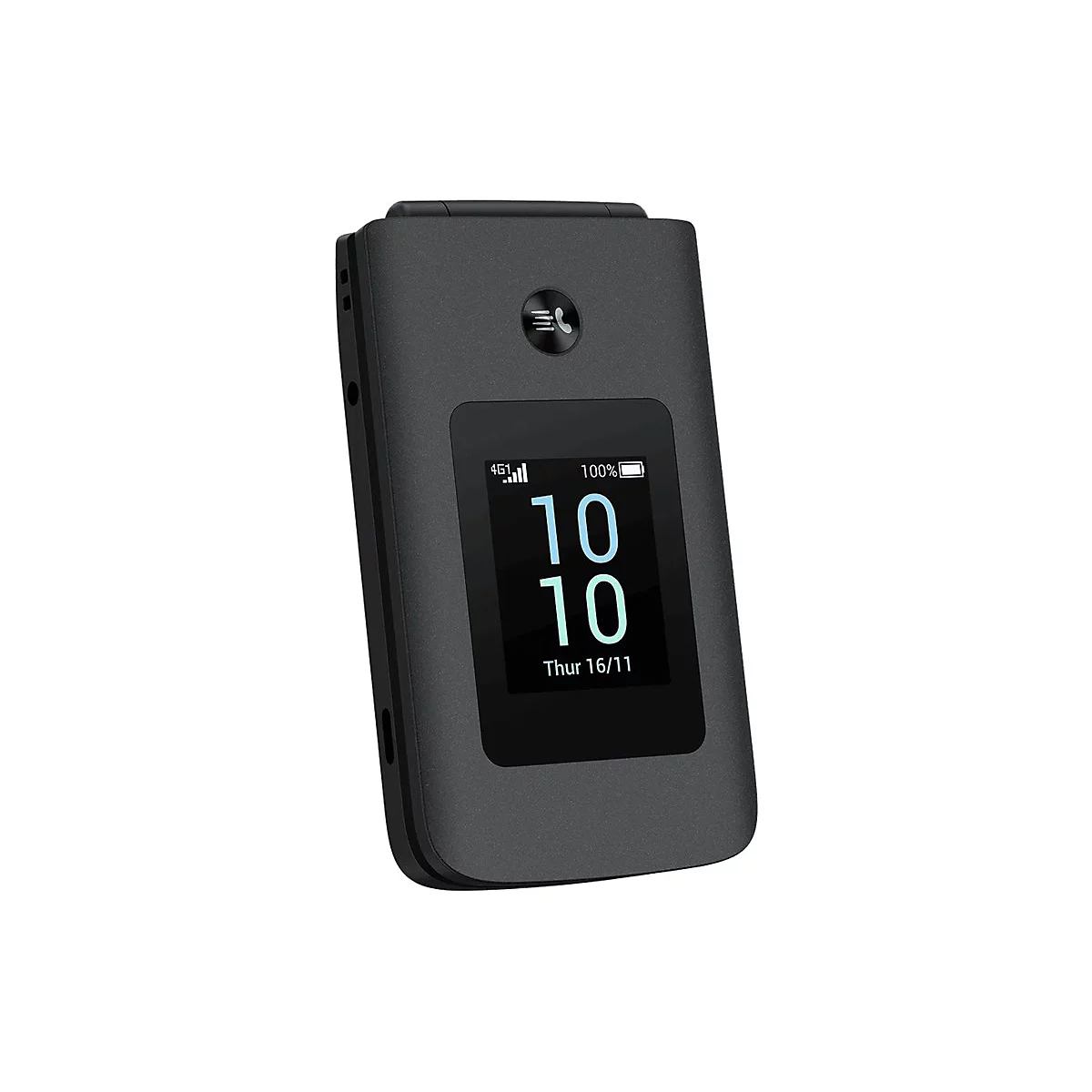 Ein graues Klapphandy, das geöffnet ist, mit einem schwarzen Bildschirm, der die Uhrzeit 10:10 und das Datum Donnerstag, 16.11. anzeigt.