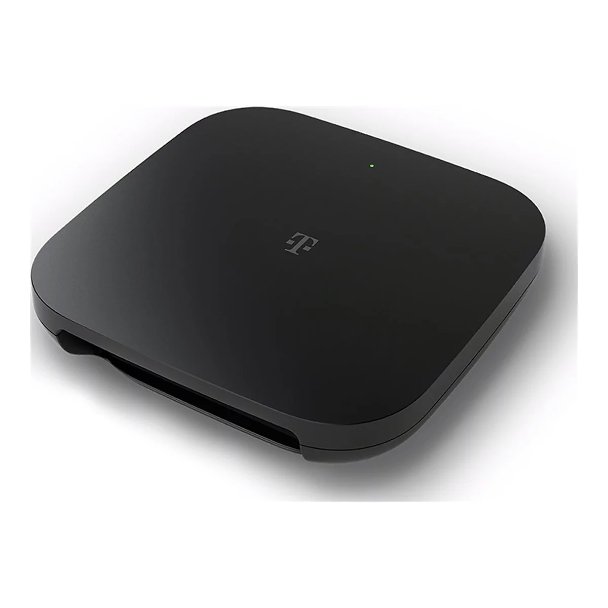 Schwarzer, flacher Telekom Router mit abgerundeten Ecken und einer kleinen, grün leuchtenden Status-LED.