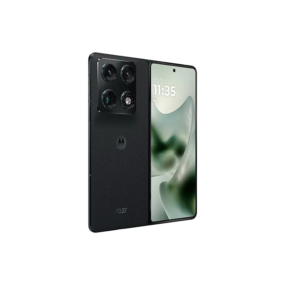 Schwarzes Motorola Razr Smartphone in der Seitenansicht zeigt Rückseite mit Kamera-Modul und Frontdisplay.