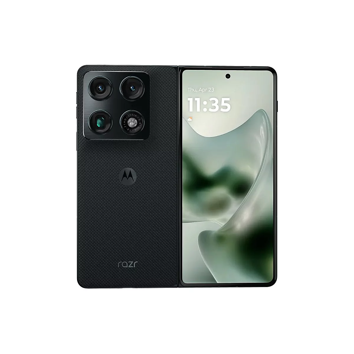Motorola Razr Smartphone mit texturierter Rückseite, Kamera-Modul und eingeschaltetem Display vor weißem Hintergrund.