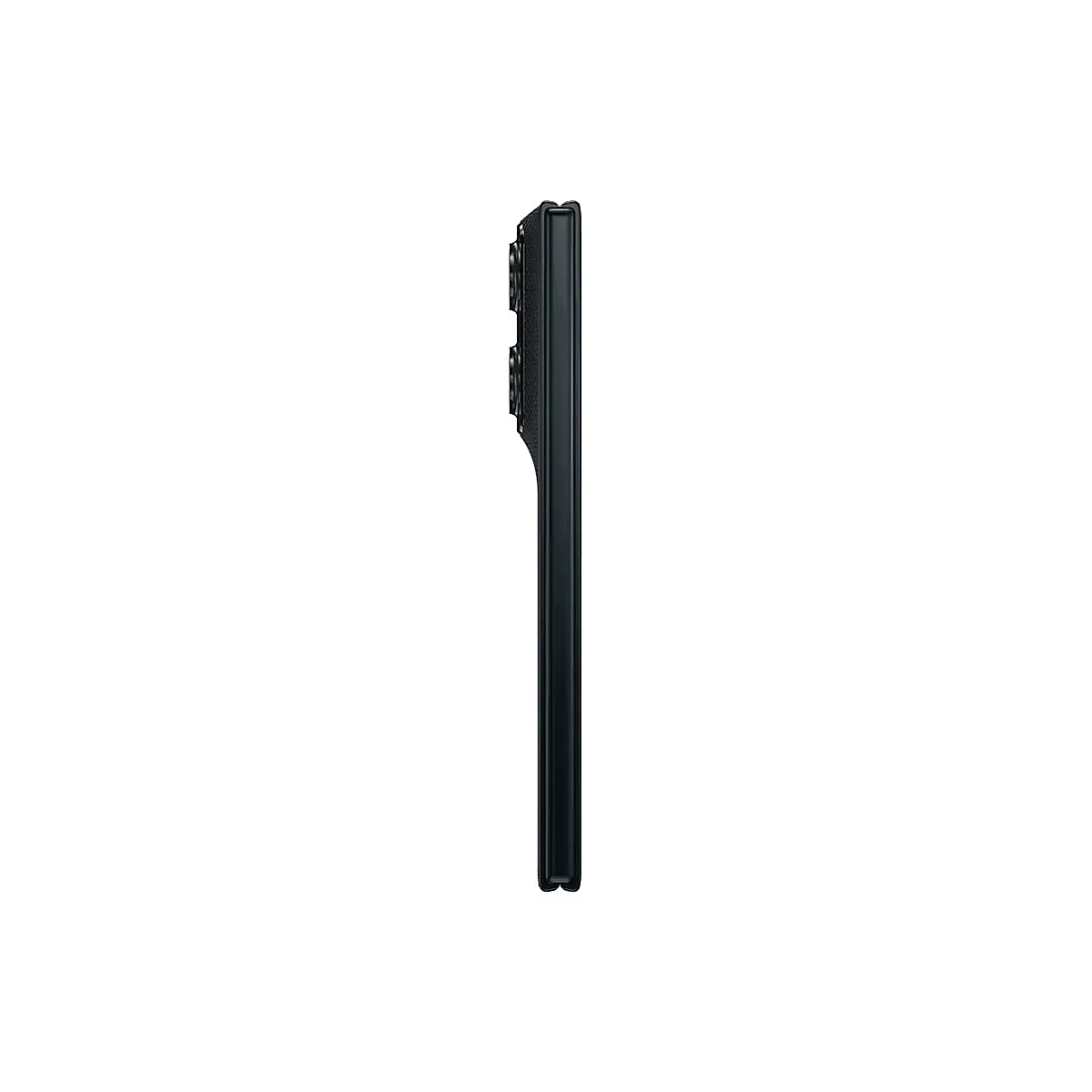 Seitenansicht eines schwarzen Smartphones im geschlossenen Zustand vor weißem Hintergrund.