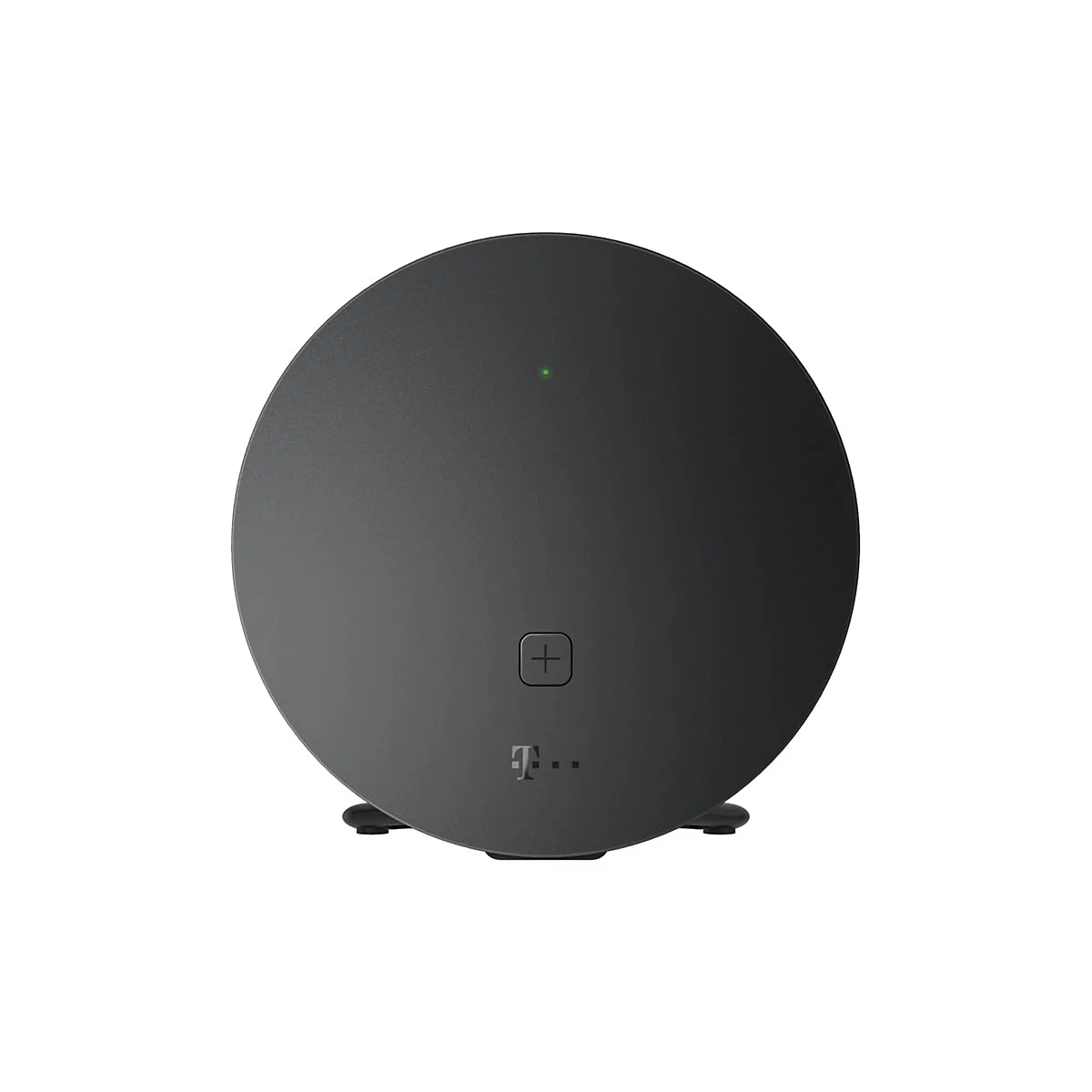 Schwarzer, runder WLAN-Router der Telekom vor weißem Hintergrund mit leuchtender grüner Status-LED.