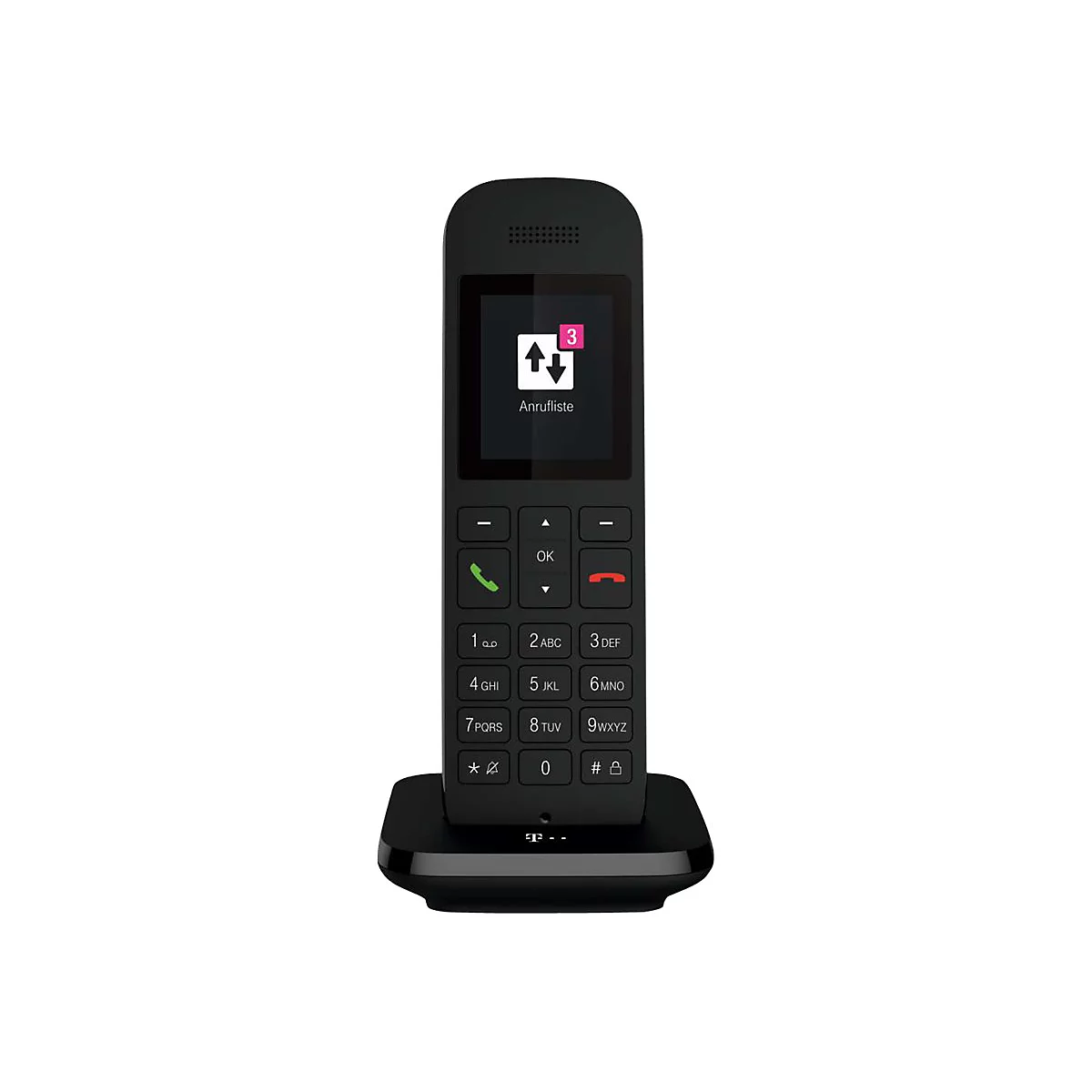 Schwarzes schnurloses Telefon auf Ladestation. Display zeigt Anrufliste mit Benachrichtigung.