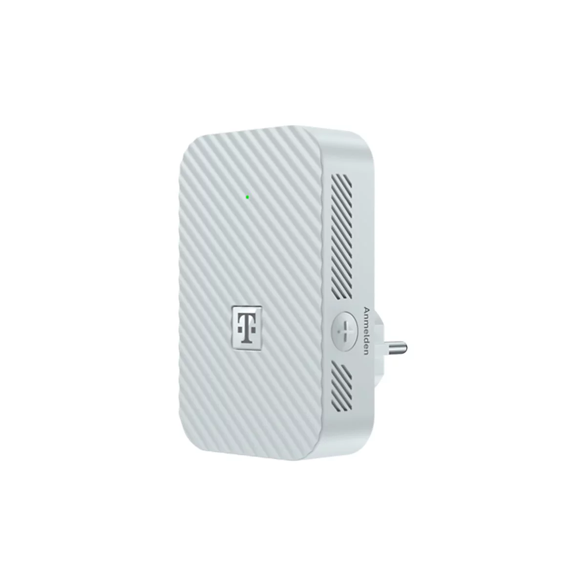 Weißer Telekom WLAN-Repeater mit gestreifter Oberfläche, T-Logo und Anmelde-Taste.