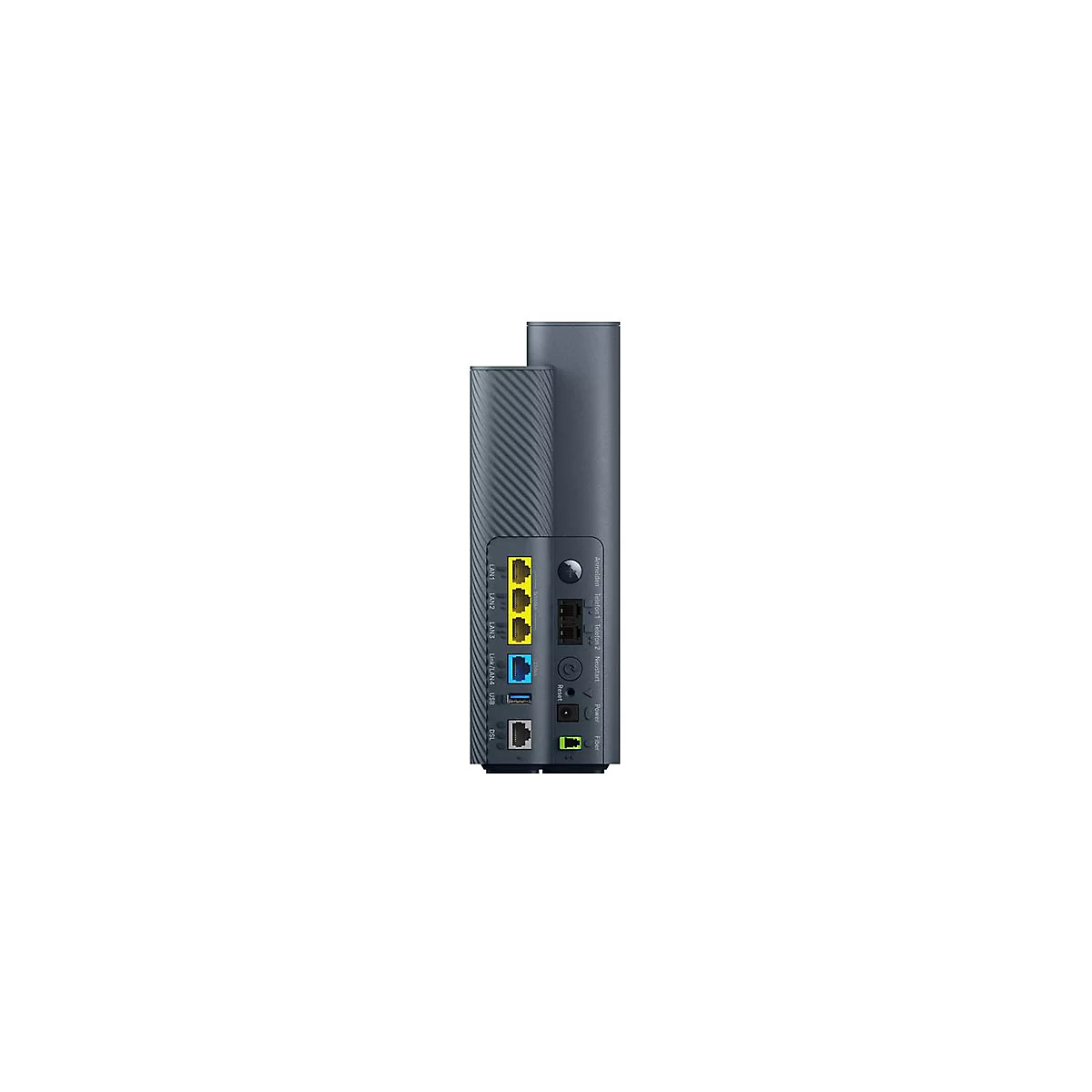 Rückseite eines dunkelgrauen Routers mit diversen Anschlüssen, darunter gelbe und blaue Ethernet-Ports.