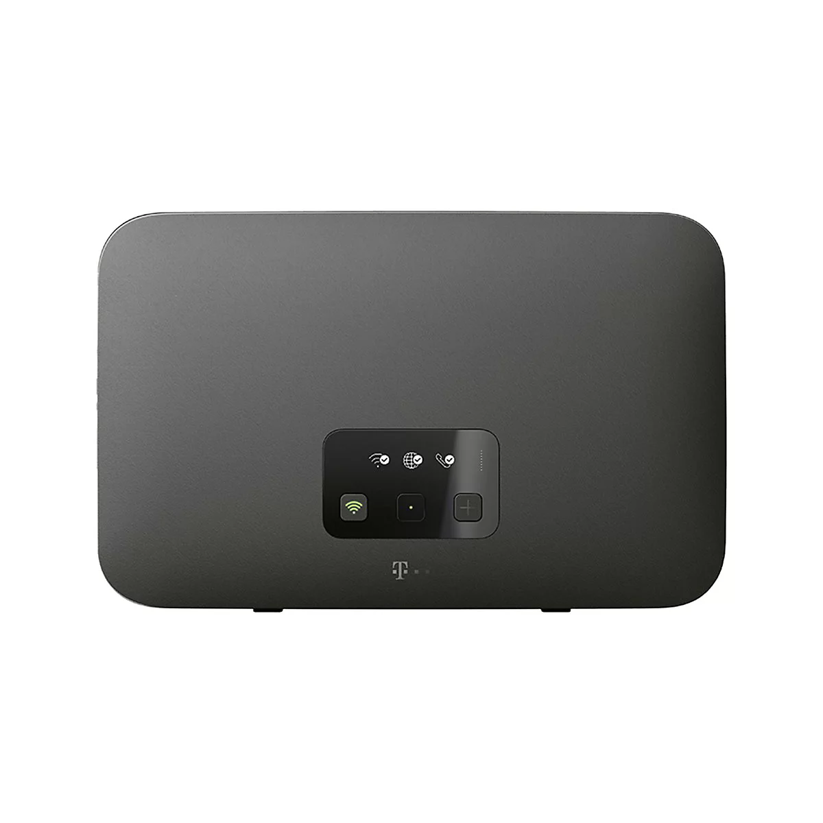Dunkelgrauer Telekom Router Speedport mit leuchtenden Statussymbolen und Logo auf weißem Hintergrund.