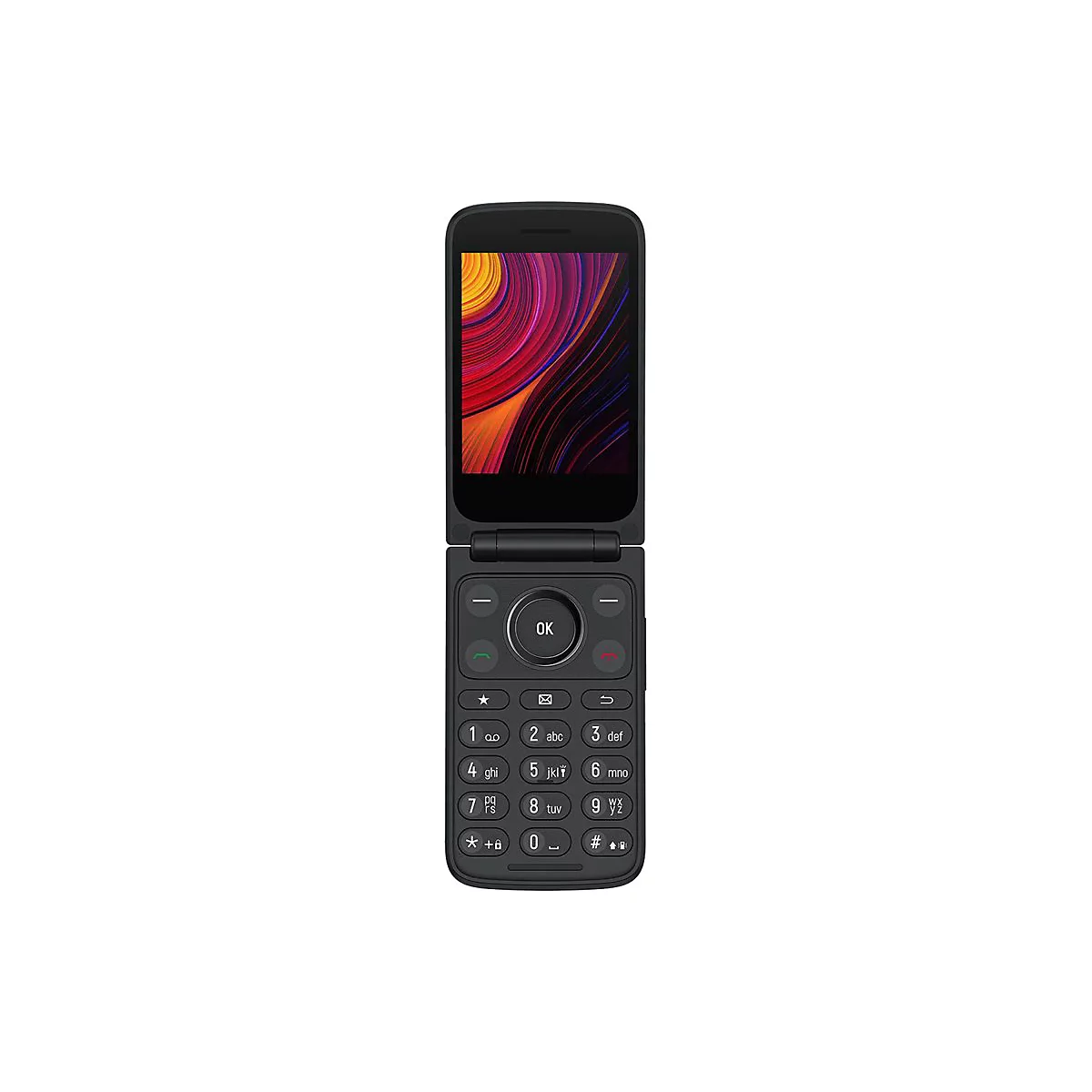 Schwarzes Klapphandy in offener Ansicht mit Tastatur und farbigem Display vor weißem Hintergrund.