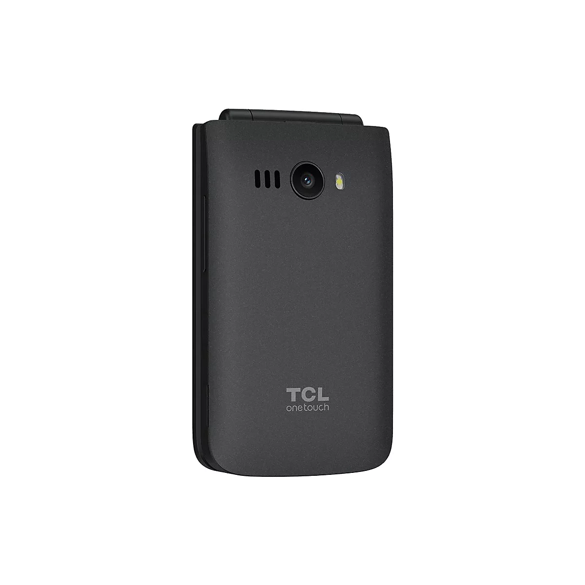 Geschlossenes, schwarzes TCL One Touch Klapphandy vor weißem Hintergrund.