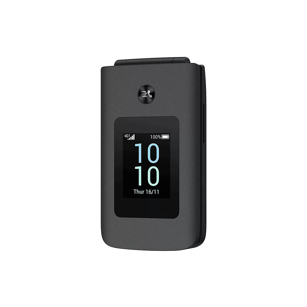 Ein graues Klapphandy, das geöffnet ist, mit der Uhrzeit 10:10 auf dem Bildschirm. Batterie voll, 4G Empfang.