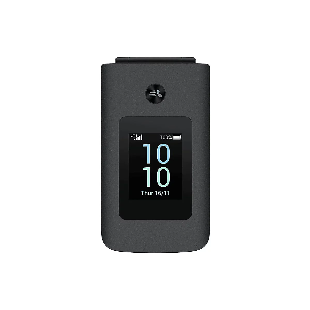 Ein schwarzes Klapphandy, das geöffnet ist, mit einem sichtbaren Display, das die Uhrzeit 10:10 und das Datum 16/11 anzeigt.