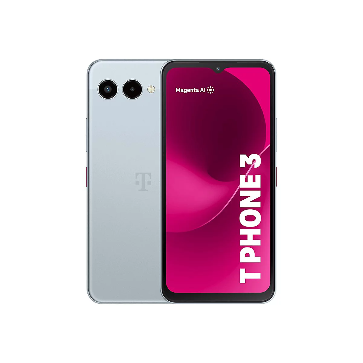 Hellgraues Smartphone, Vorderseite mit Magenta AI und T Phone 3 Schriftzug, Rückseite mit Logo und Kameras.
