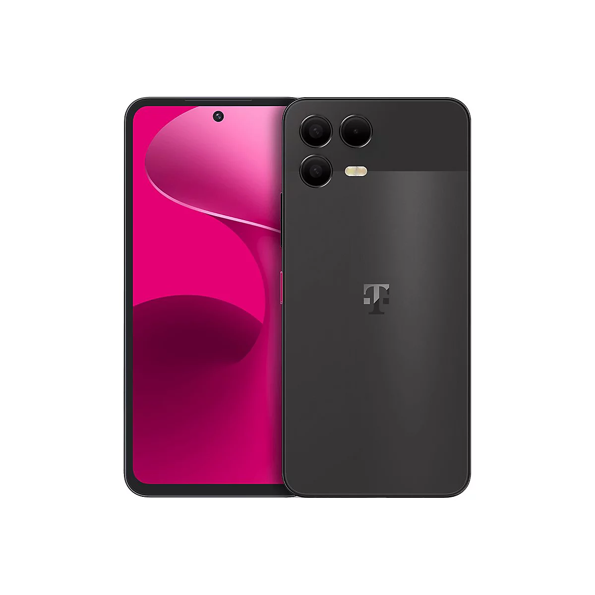 Schwarzes Smartphone mit pinkfarbenem Bildschirm. Auf der Rückseite sind Kameras und das T-Mobile Logo zu sehen.