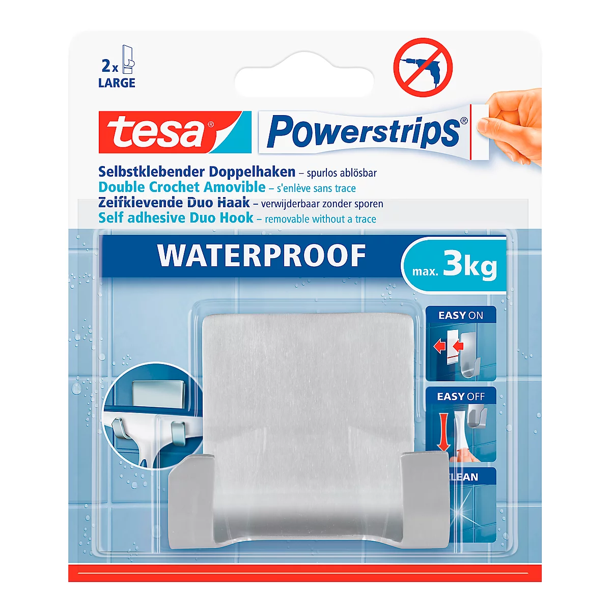 Deux crochets Waterproof Powerstrips Zoom tesa, en inox, pour pièces humides, max. 3 kg