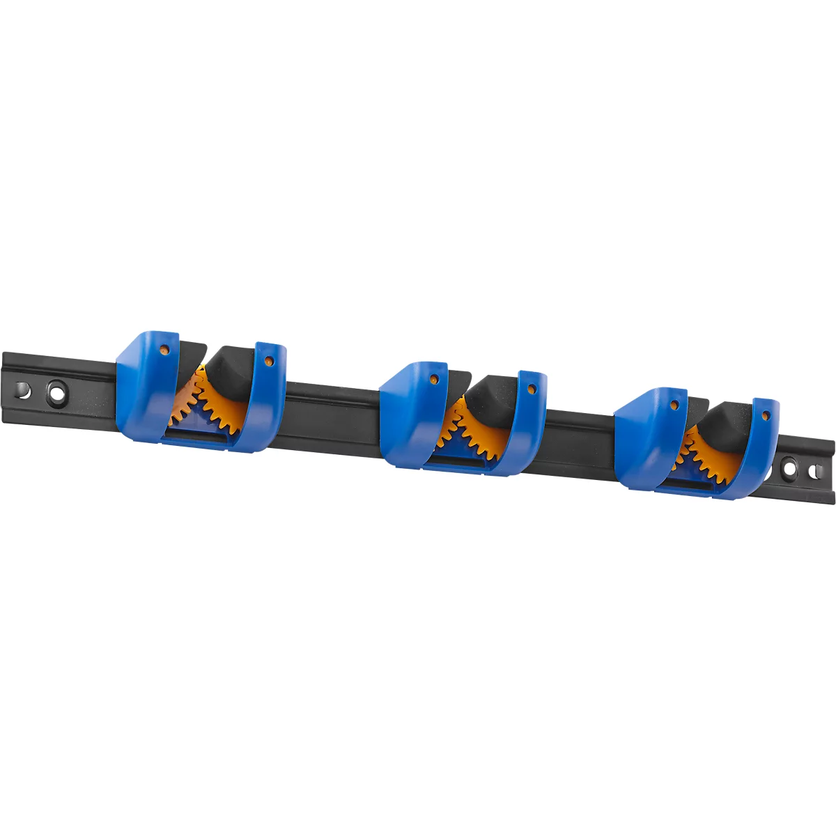 A black rail with three blue brackets, showing orange gears.