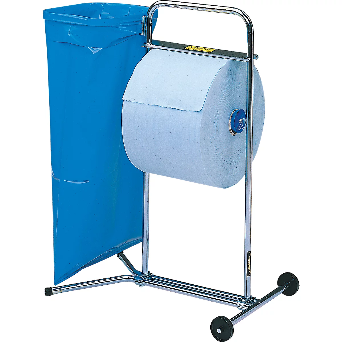 Support mobile en métal pour rouleau de papier bleu, équipé d'un sac poubelle bleu.