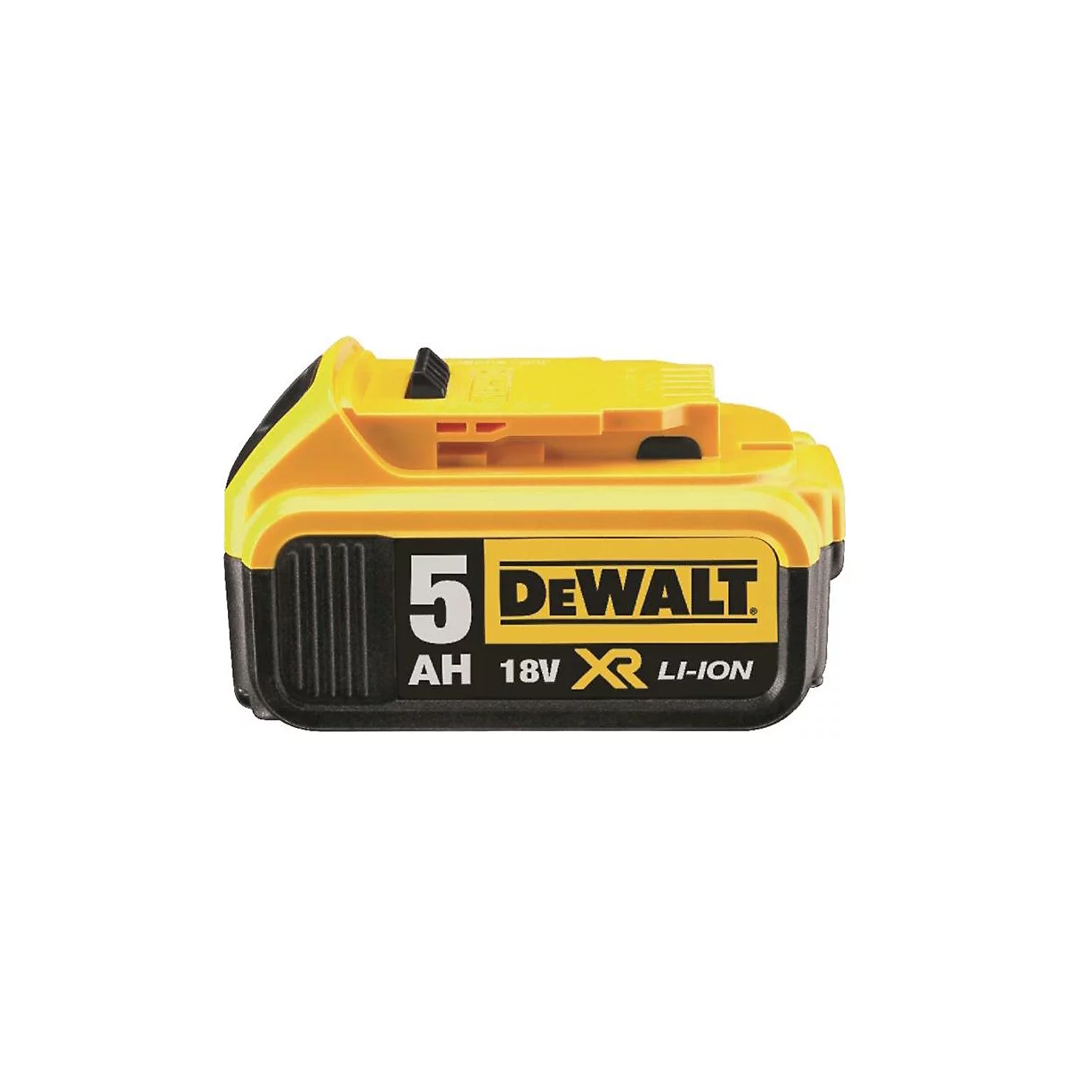 Batterie jaune et noire avec l'inscription "5 Ah 18V XR Li-Ion" et le logo DeWalt.